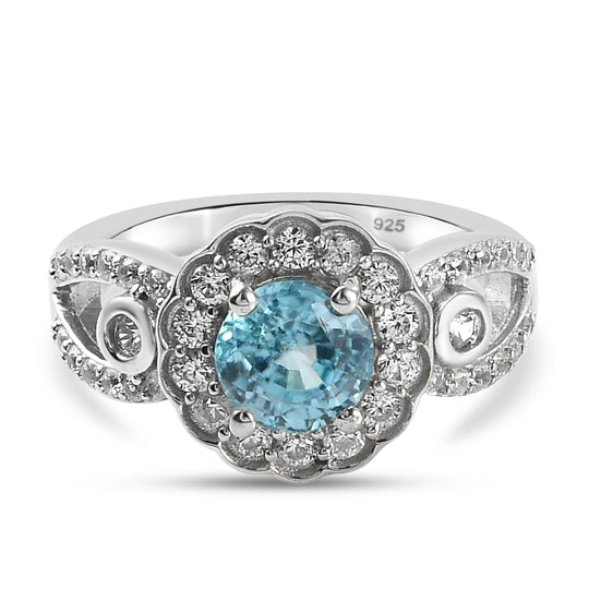 Kambodschanischer, blauer und weißer Zirkon-Ring, 925 Silber platiniert (Größe 17.00) ca. 2,48 ct