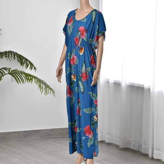 Kurzärmeliges, tailliertes Maxikleid, Größe: 27x132cm, blau