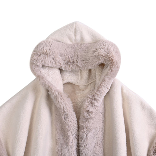 Faux Fur thick cape with tassel and fleece liningMaterial: 40% Acrylic 40% Polyester 20% cottonSize:110*90cmWeight:1470gColor: beige