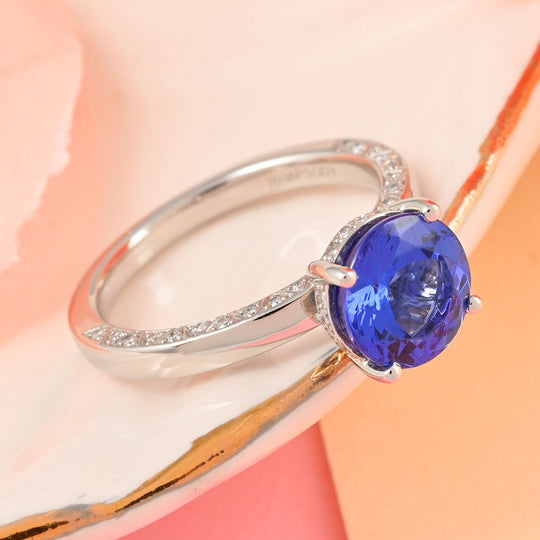 Rhapsody AAAA Tansanit, Weißer Diamant AGI zertifiziert Ring 950 Platin (Größe 17.00) ca. 2.48 ct