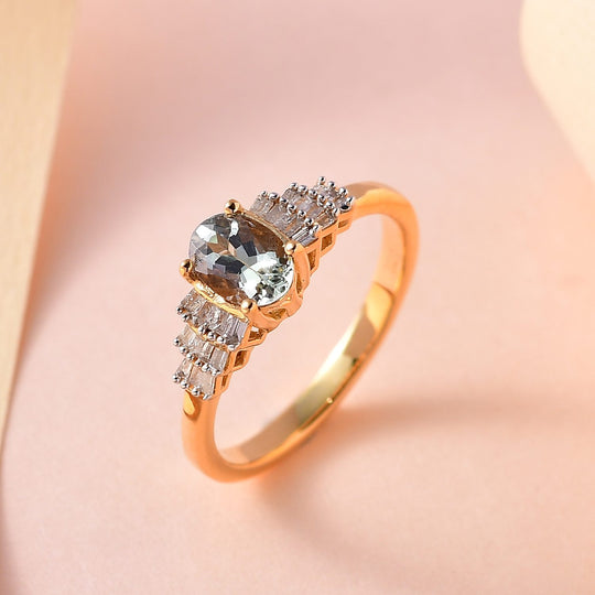 AA Grüner Tansanit, weißer Diamant Ring 925 Silber Gelbgold Vermeil (Größe 20.00) ca. 1.08 ct