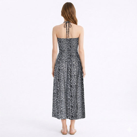 Halsträger in langem, gesmoktem Kleid, 32x75cm, brauner Leopardendruck