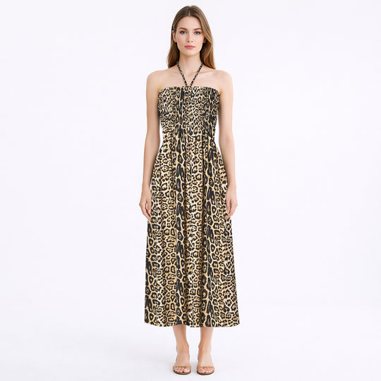 Halsträger in langem, gesmoktem Kleid, 32x75cm, brauner Leopardendruck