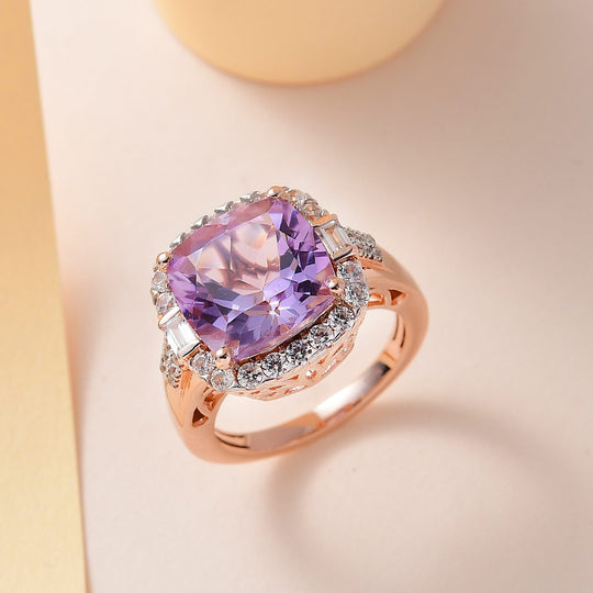 Rose De France Amethyst, weißer Zirkon Ring, 925 Silber rosévergoldet, (Größe 20.00) ca. 8.02 ct