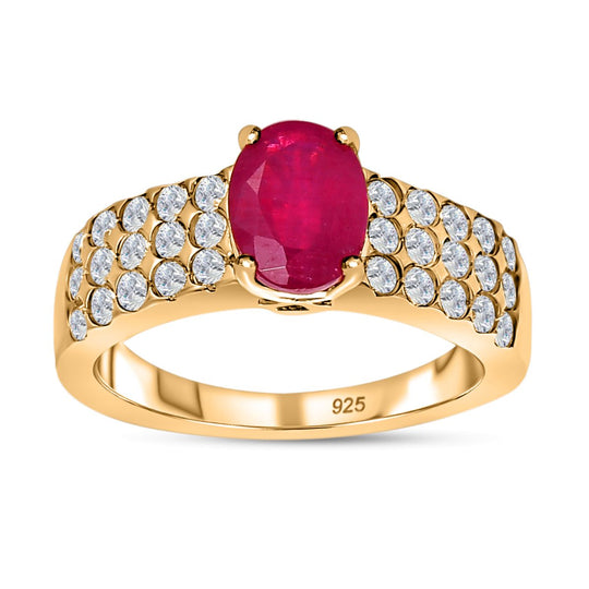 Afrikanischer Rubin (Fissure gefüllt), weißer Zirkon Ring 925 Silber vergoldet (Größe 20.00) ca. 2.83 ct