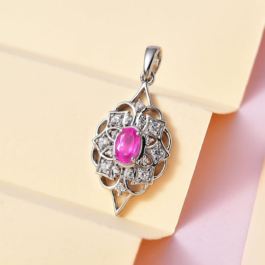 Ilakaka Rosa Saphir (Fissure gefüllt), weißer Zirkon Anhänger, 925 Silber platiniert ca. 1.49 ct