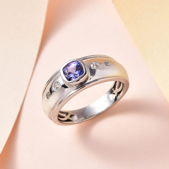Tansanit, weißer Zirkon Ring 925 Silber platiniert (Größe 20.00) ca. 0.76 ct