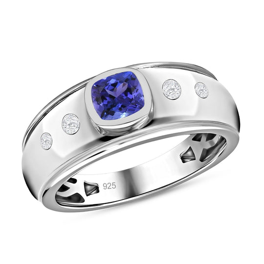 Tansanit, weißer Zirkon Ring 925 Silber platiniert (Größe 20.00) ca. 0.76 ct