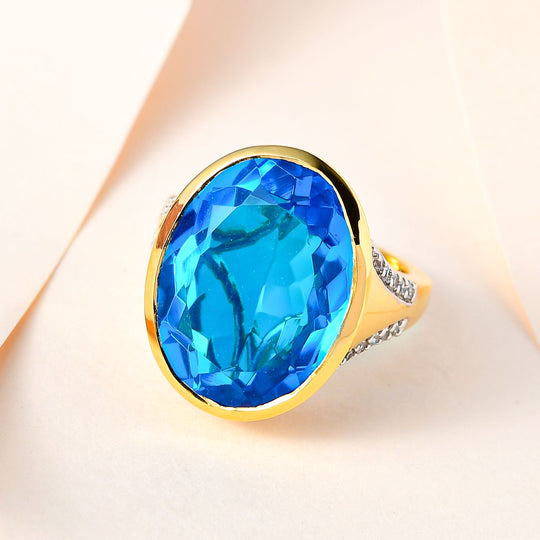 Karibik Quarz, weißer Zirkon Ring, 925 Silber vergoldet, (Größe 17.00) ca. 20.09 ct