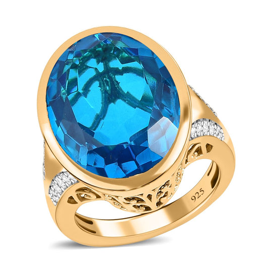 Karibik Quarz, weißer Zirkon Ring, 925 Silber vergoldet, (Größe 17.00) ca. 20.09 ct