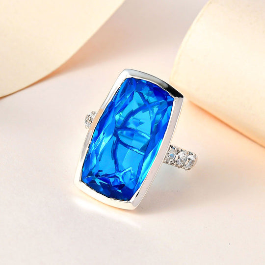 Karibik Quarz, weißer Zirkon Ring, 925 Silber platiniert, (Größe 19.00) ca. 17.77 ct