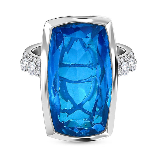 Karibik Quarz, weißer Zirkon Ring, 925 Silber platiniert, (Größe 19.00) ca. 17.77 ct