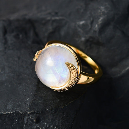 Regenbogen Mondstein Ring, 925 Silber Gelbgold Vermeil, (Größe 20.00) ca. 11.55 ct