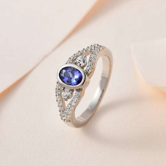 AAA Tansanit, weißer Zirkon Ring, 925 Silber platiniert, (Größe 20.00), ca. 1.20 ct