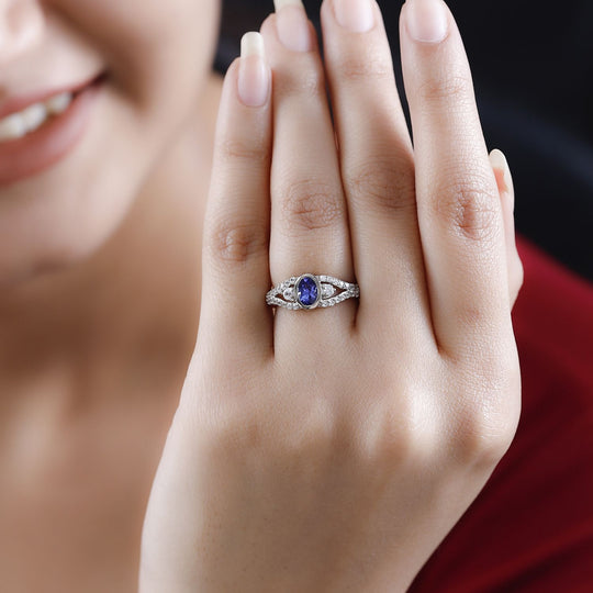 AAA Tansanit, weißer Zirkon Ring, 925 Silber platiniert, (Größe 20.00), ca. 1.20 ct