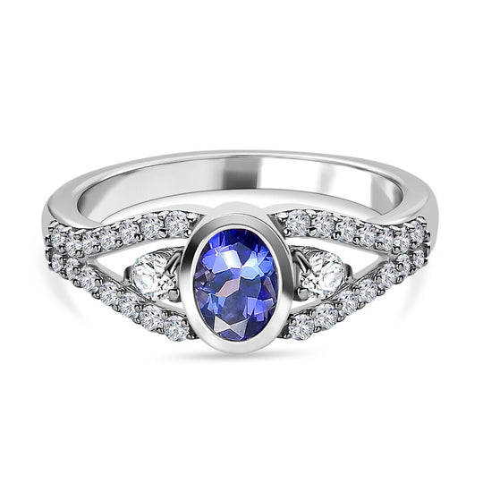 AAA Tansanit, weißer Zirkon Ring, 925 Silber platiniert, (Größe 20.00), ca. 1.20 ct