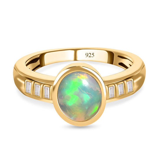 Natürlicher, äthiopischer Welo Opal, weißer Zirkon Ring, 925 Silber Gelbgold Vermeil, (Größe 20.00) ca. 1.35 ct