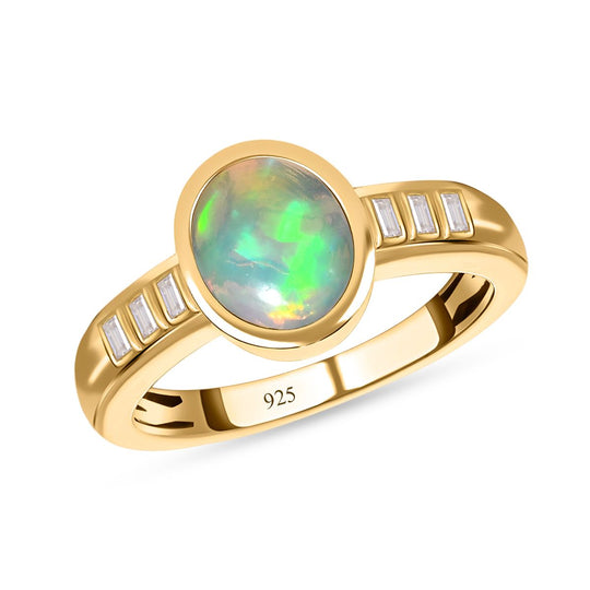 Natürlicher, äthiopischer Welo Opal, weißer Zirkon Ring, 925 Silber Gelbgold Vermeil, (Größe 20.00) ca. 1.35 ct