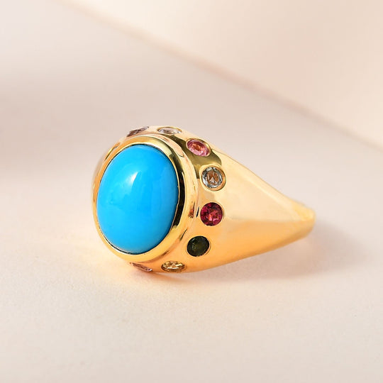Amerikanischer natürlicher Sleeping Beauty Türkis, mehrfarbiger Turmalin Ring, 925 Silber Gelbgold Vermeil (Größe 17.00) ca. 3.00 ct