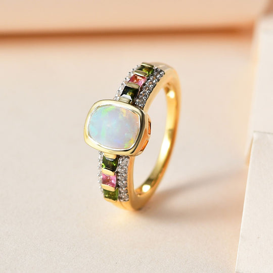 Natürlicher, äthiopischer Welo Opal, mehrfarbiger-Turmalin Ring, 925 Silber vergoldet (Größe 21.00) ca. 1.52 ct