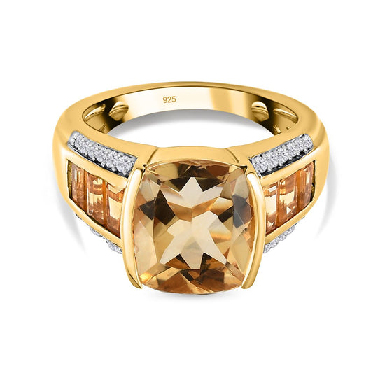 Citrin, Weißer Zirkon Ring, 925 Silber Gelbgold Vermeil, (Größe 17.00) ca. 5.99 ct
