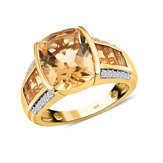 Citrin, Weißer Zirkon Ring, 925 Silber Gelbgold Vermeil, (Größe 17.00) ca. 5.99 ct