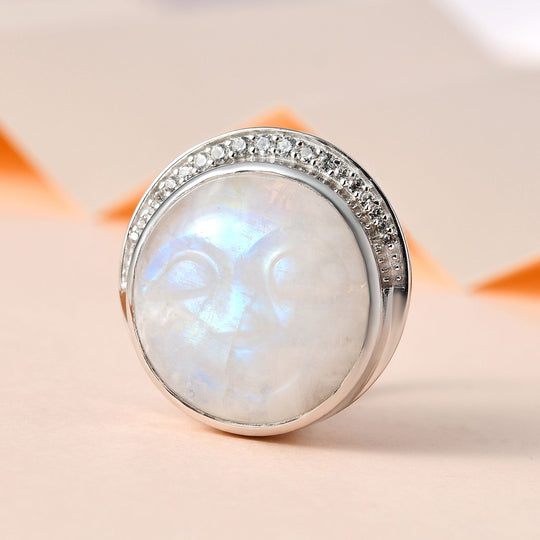 AA Premium Regenbogen Mondstein, weißer Zirkon Ring, 925 Silber platiniert (Größe 18.00) ca. 18.45 ct