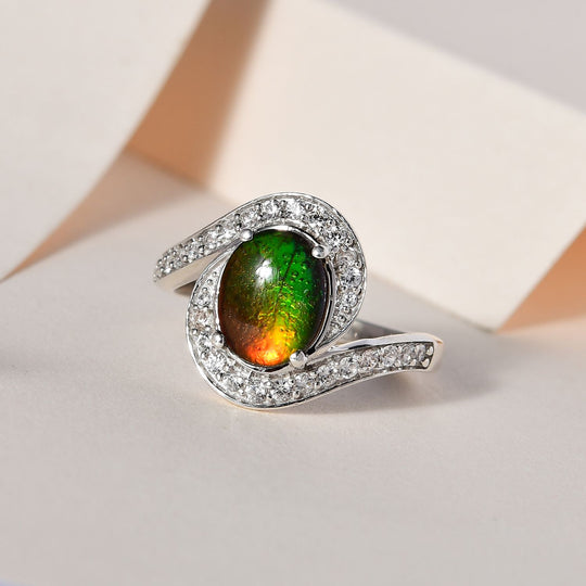 Kanadischer Ammolit, weißer Zirkon Ring, 925 Silber platiniert (Größe 21.00) ca. 2.19 ct