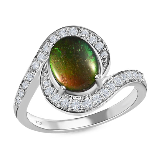 Kanadischer Ammolit, weißer Zirkon Ring, 925 Silber platiniert (Größe 21.00) ca. 2.19 ct