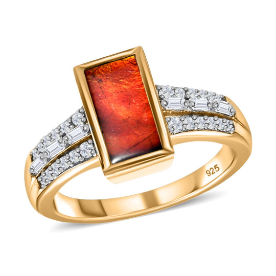 Kanadischer Ammolit, weißer Zirkon Ring, 925 Silber vergoldet (Größe 20.00) ca. 1.90 ct