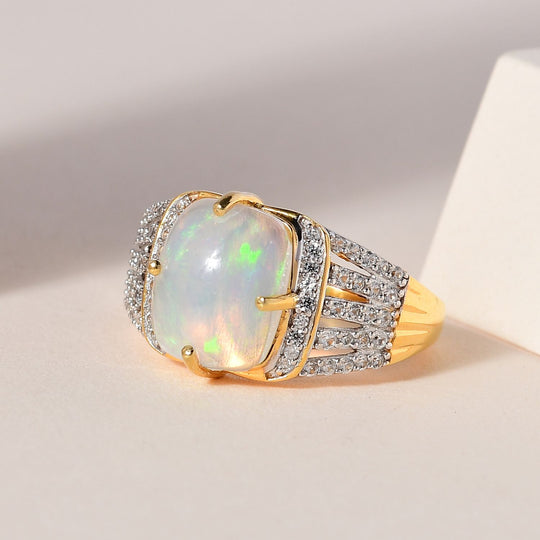 Natürlicher, äthiopischer Welo Opal, Weißer Zirkon Ring, 925 Silber Gelbgold Vermeil (Größe 19.00) ca. 3.53 ct