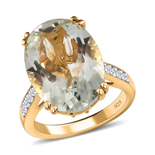 Prasiolite, weißer Zirkon Ring, 925 Silber vergoldet (Größe 17.00) ca. 12.44 ct