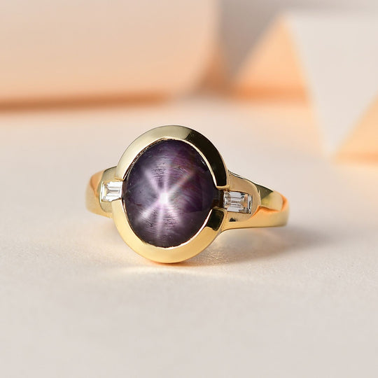 Sternrubin, weißer Zirkon Ring, 925 Silber vergoldet (Größe 19.00) ca. 9.28 ct