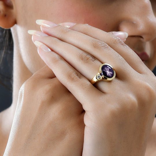 Sternrubin, weißer Zirkon Ring, 925 Silber vergoldet (Größe 19.00) ca. 9.28 ct