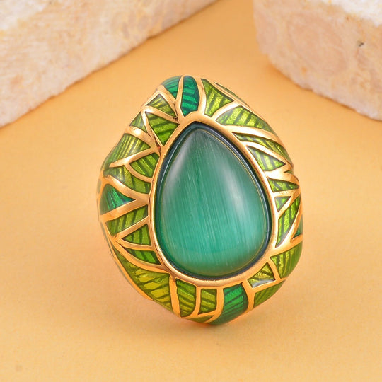 Grünes Katzenauge Ring, 316L Edelstahl emailliert, (Größe 16.00), ca. 3.00 ct