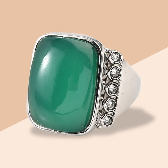 Grüner Onyx, Weißer Zirkon Ring, 316L Edelstahl ca. 14.61 ct