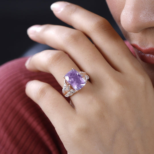 Rose De France Amethyst, Weißer Zirkon Ring, 925 Silber rosévergoldet (Größe 19.00) ca. 6.42 ct