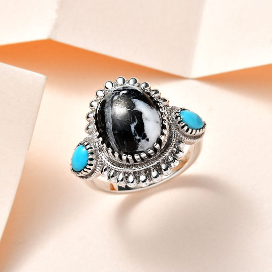 Weißer Büffel, Sleeping Beauty Türkis Ringe 925 Silber platiniert (Größe 17.00) ca. 6.37 ct