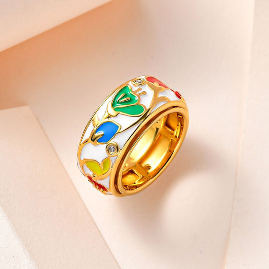 Weißer Diamant Ring, drehbar, 925 Silber Gelbgold Vermeil (Größe 20.00) ca. 0.11 ct