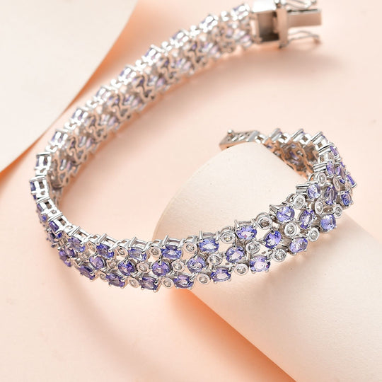 Tansanit, weißer Zirkon Armband, ca. 19 cm 925 Silber platiniert ca. 14.48 ct