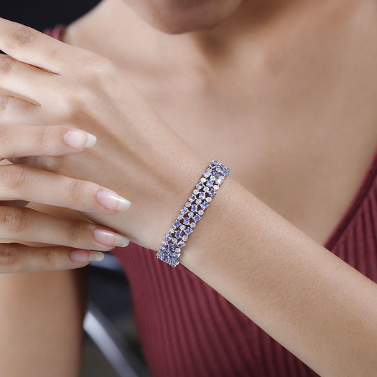 Tansanit, weißer Zirkon Armband, ca. 19 cm 925 Silber platiniert ca. 14.48 ct