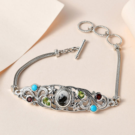 Weißer Büffel, Peridot Armband ca. 19 cm 925 Silber platiniert ca. 5.01 ct