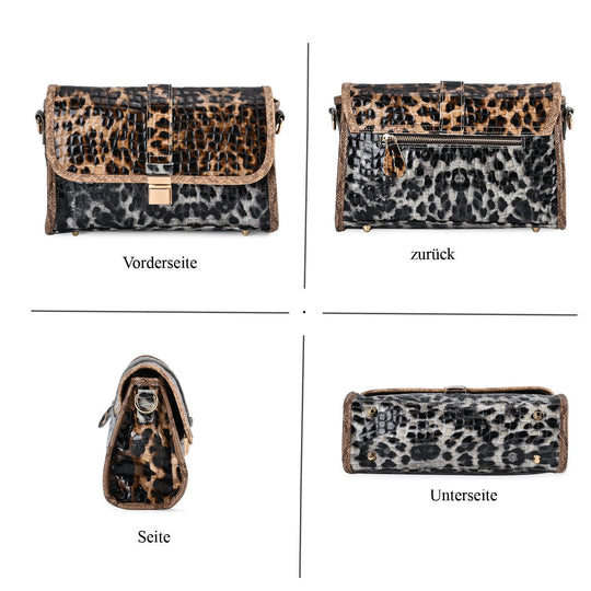Chaos by Elsie, echtes Leder Crossbody Tasche mit RFID Schutz, Kaffee Leoparden Muster, Größe 31 x 11 x 38cm
