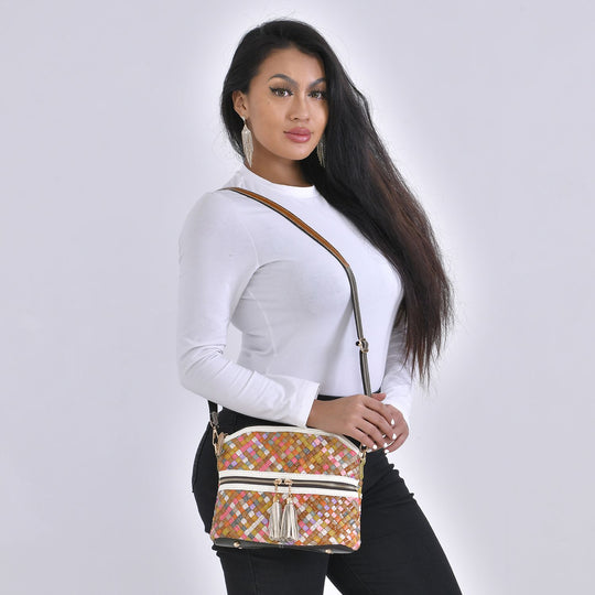 Chaos by Elsie - 100% gewebter Echtleder Crossbody Tasche mit RFID schutz, 25x21x10 cm, Beige