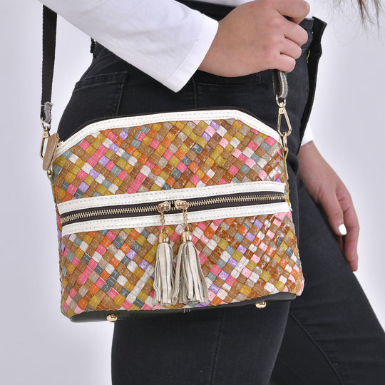 Chaos by Elsie - 100% gewebter Echtleder Crossbody Tasche mit RFID schutz, 25x21x10 cm, Beige