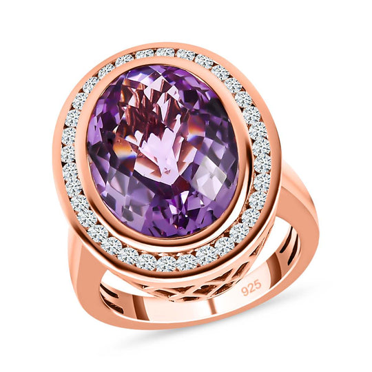 AAA Rose De France Amethyst, weißer Zirkon Ring, 925 Silber Roségold Vermeil (Größe 21.00) ca. 12.25 ct