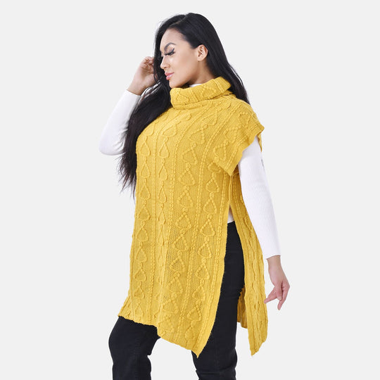LA MAREY - gestrickter Halskragen Poncho mit Fransen, One Size, Gelb