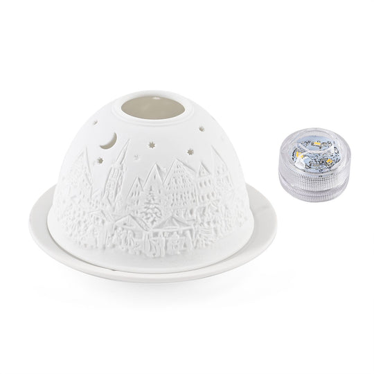 Weihnachts-Windlicht aus unglasiertes weißes Porzellan mit LED, 10 cm Diameter, weißer Engel