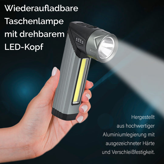 Wiederaufladbare Taschenlampe mit drehbarem LED-Kopf mit 3 Beleuchtungsmodi