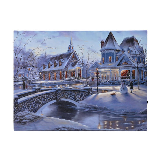 Winterdruck auf Leinwand mit LED- und Glasfaserlicht, 30x40 cm, 3AA (nicht inkl.), Schneemann